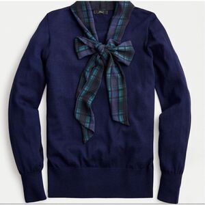 J. Crew Merino Wool Navy Blue Mockneck Sweater Tartan Scarf Tie Women’s Size XXS